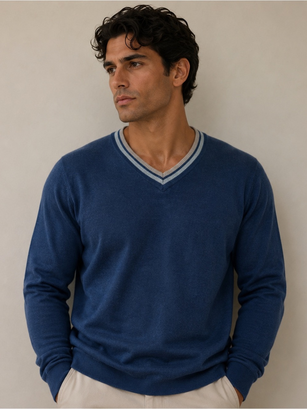 Toscano Classic Men's V-Neck Sweater in Navy with Contrast Trim Wool Blend Large